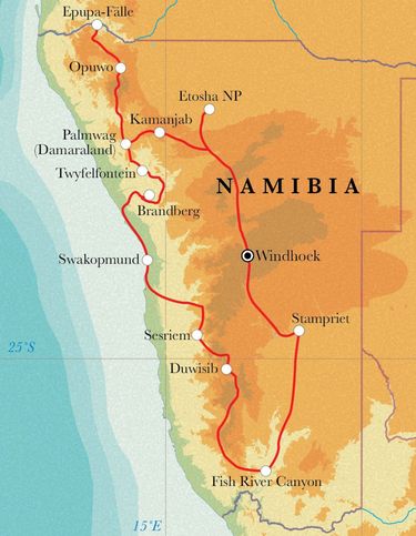 Route Rundreise Namibia, 22 Tage Zeltsafari Route Rundreise Namibia, 22 Tage Zeltsafari