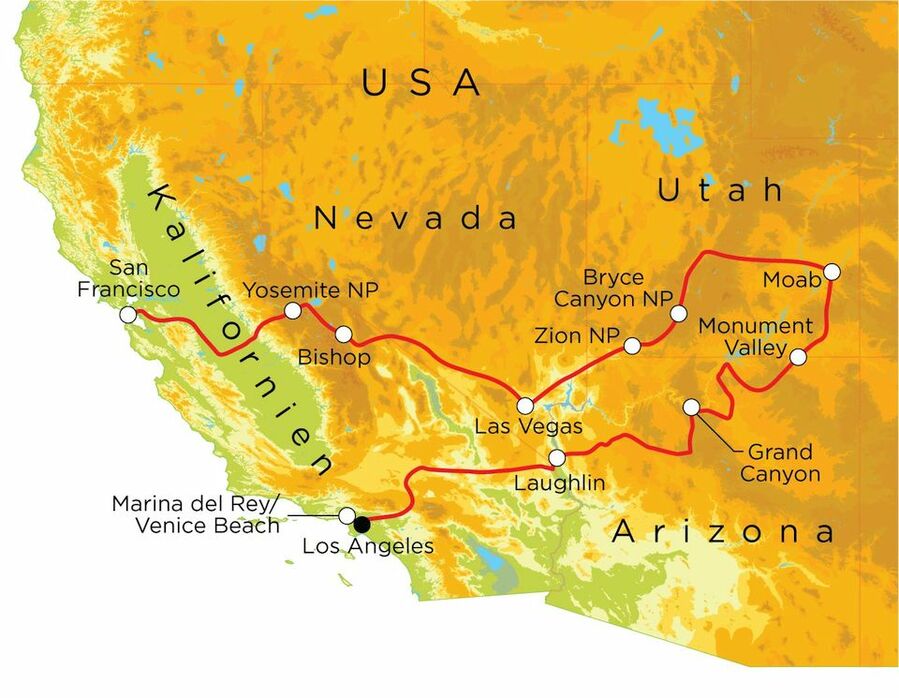 Routekaart Familienreise USA - der Westen, 21 Tage 