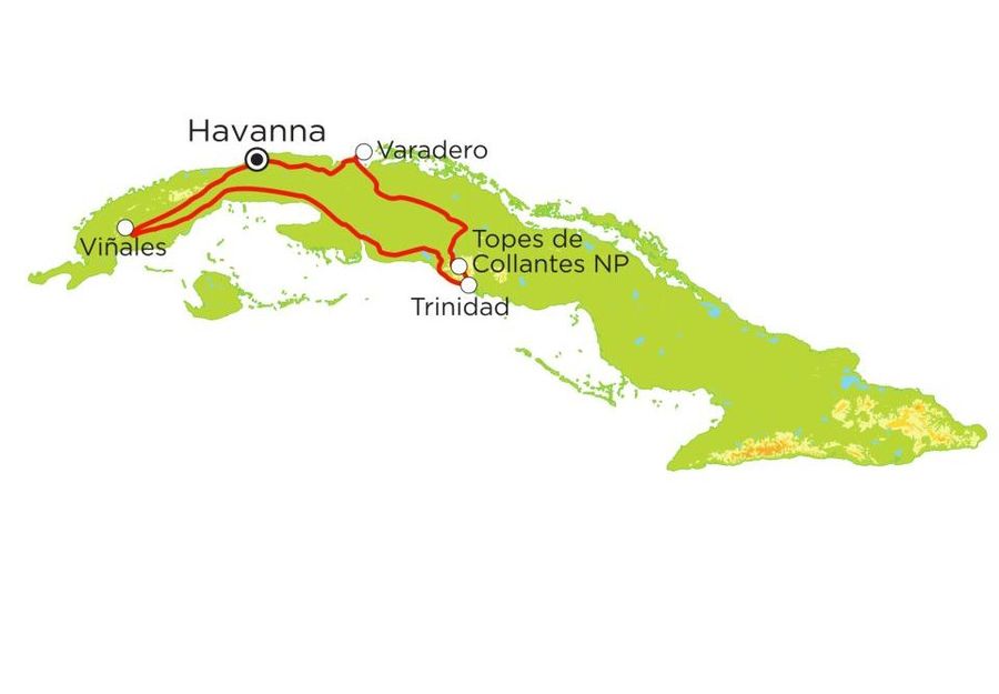 Routekaart Familienreise Kuba, 15 Tage