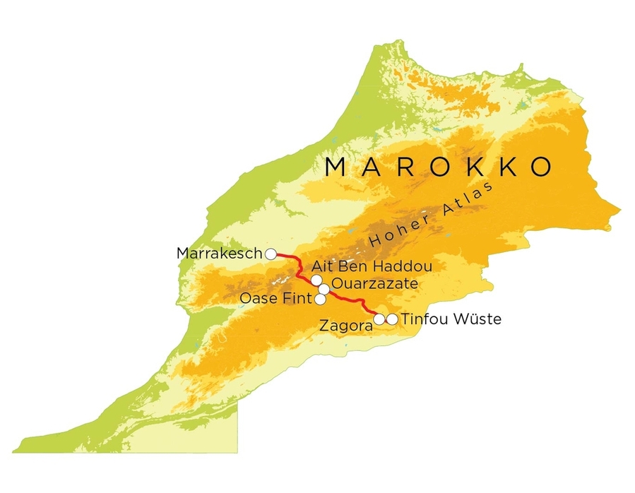 Routekaart Familienreise Marokko, 9 Tage