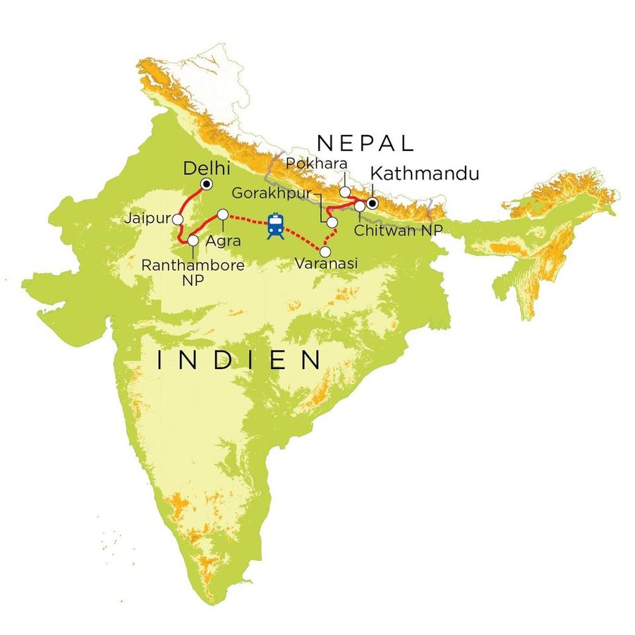 Routekaart Familienreise Indien & Nepal, 21 Tage