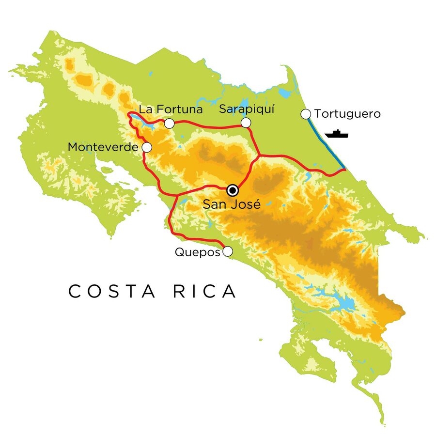 Routekaart Familienreise Costa Rica, 15 Tage
