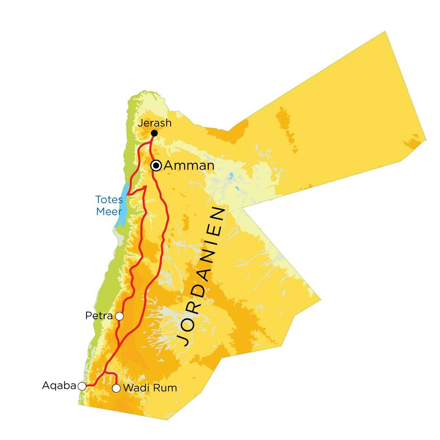 Routekaart Familienreise Jordanien, 9 Tage