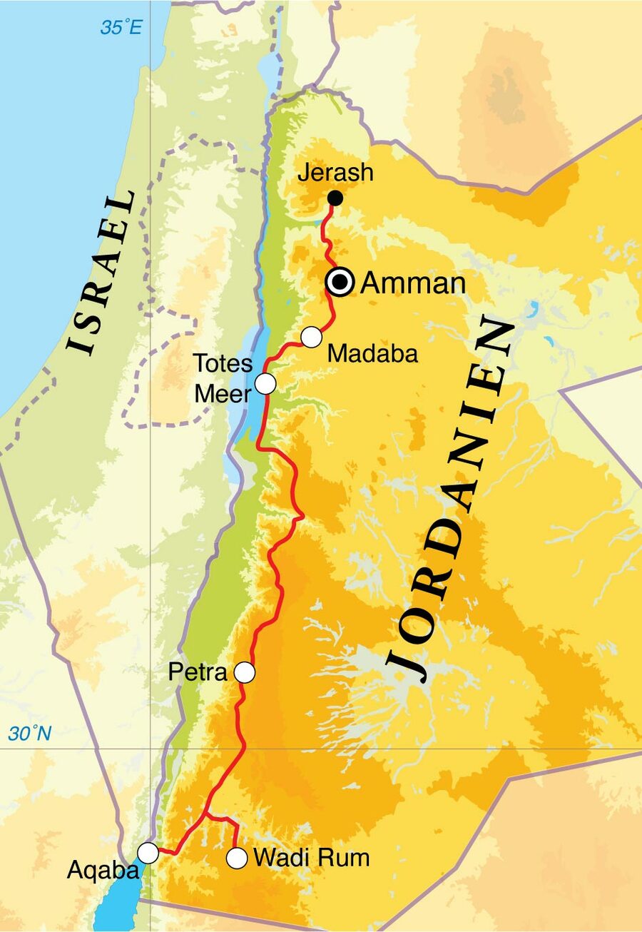 Routekaart Familienreise Jordanien, 9 Tage
