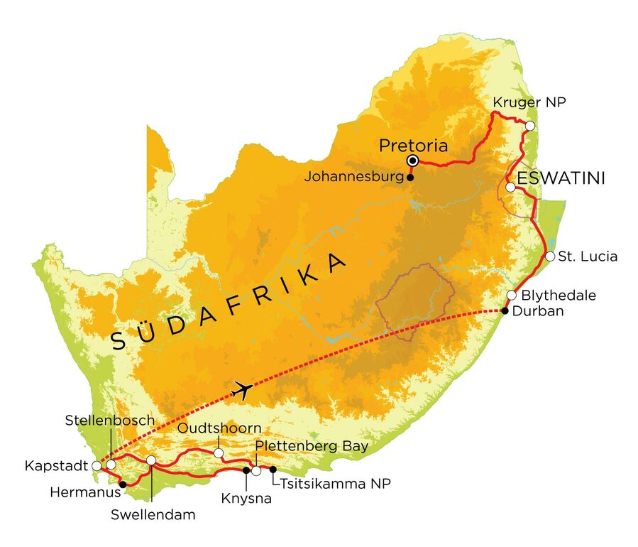 Routekaart Familienreise Südafrika mit Krüger Nationalpark & Eswatini, 21 Tage