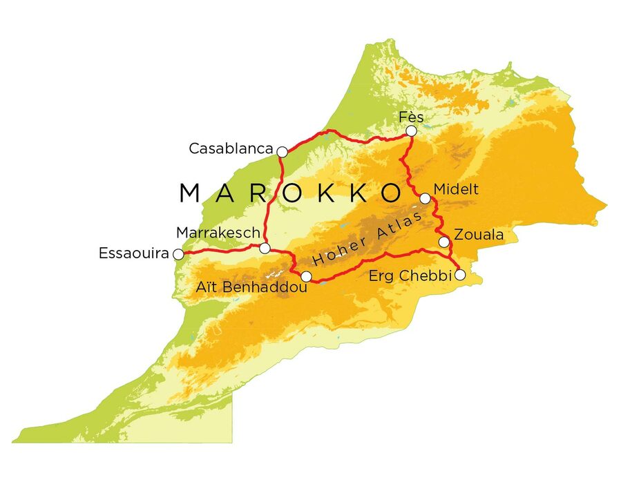 Routekaart Familienreise Marokko, 15 Tage