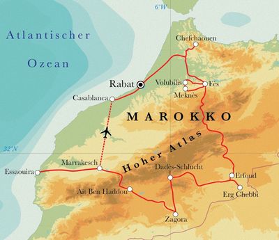 Routekaart Rundreise Marokko, 20 Tage Routekaart Rundreise Marokko, 20 Tage