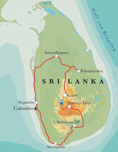Routenverlauf Rundreise Sri Lanka, 15 Tage Routenverlauf Rundreise Sri Lanka, 15 Tage