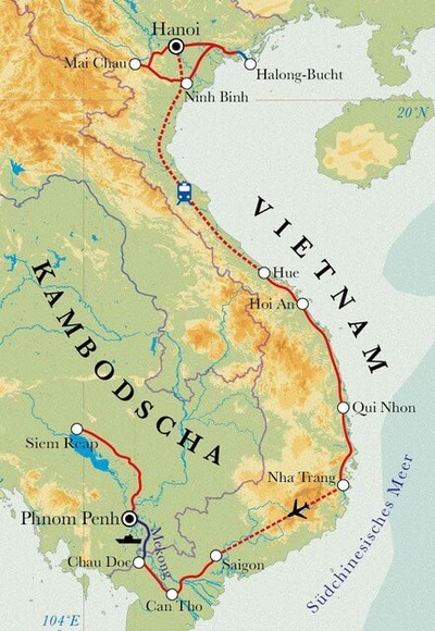 Routenverlauf Rundreise Vietnam & Kambodscha, 27 Tage Routenverlauf Rundreise Vietnam & Kambodscha, 27 Tage