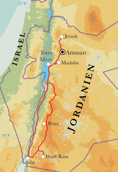 Routenverlauf Rundreise Jordanien, 10 Tage Routenverlauf Rundreise Jordanien, 10 Tage