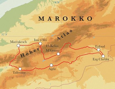 Routenverlauf Marokko, 10 Tage Fahrradreise Routenverlauf Marokko, 10 Tage Fahrradreise