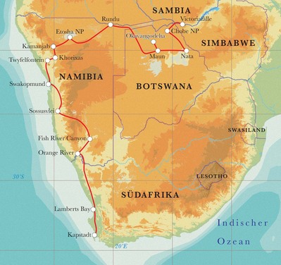 Routenverlauf Rundreise Südafrika, Namibia, Botswana & Simbabwe, 24 Tage Hotel- & Lodgesafari Routenverlauf Rundreise Südafrika, Namibia, Botswana & Simbabwe, 24 Tage Hotel- & Lodgesafari
