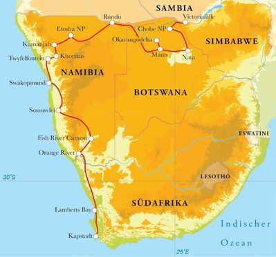 Routenverlauf Rundreise Südafrika, Namibia, Botswana & Simbabwe, 24 Tage Hotel- & Lodgesafari Routenverlauf Rundreise Südafrika, Namibia, Botswana & Simbabwe, 24 Tage Hotel- & Lodgesafari