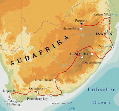 Routekaart Rundreise Südafrika, Lesotho & Eswatini (Swasiland), 22 Tage Routekaart Rundreise Südafrika, Lesotho & Eswatini (Swasiland), 22 Tage
