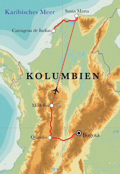 Routenverlauf Rundreise Kolumbien, 14 Tage Routenverlauf Rundreise Kolumbien, 14 Tage