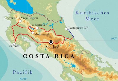 Routenverlauf Rundreise Costa Rica, 14/15 Tage Routenverlauf Rundreise Costa Rica, 14/15 Tage