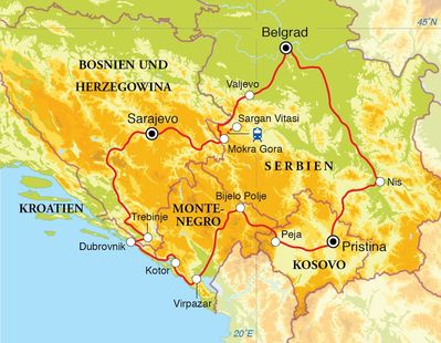 Routenverlauf Rundreise Balkan, 15 Tage Routenverlauf Rundreise Balkan, 15 Tage