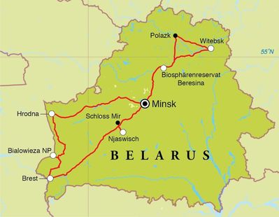 Routenverlauf Rundreise Belarus, 9 Tage Routenverlauf Rundreise Belarus, 9 Tage