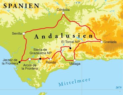 Routenverlauf Rundreise Spanien (Andalusien), 12 Tage Routenverlauf Rundreise Spanien (Andalusien), 12 Tage