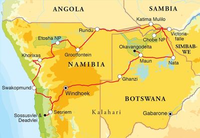 Routenverlauf Rundreise Namibia, Botswana & Victoriafälle, 20/21 Tage Zeltsafari oder Hotel- & Lodgesafari