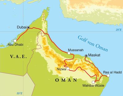 Routenverlauf Rundreise Oman, Dubai & Abu Dhabi, 12 Tage