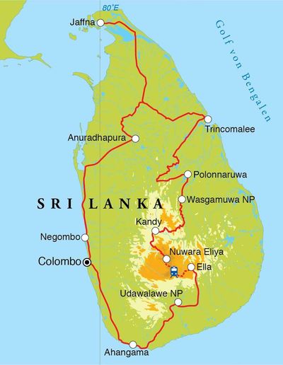 Routenverlauf Rundreise Sri Lanka, 21 Tage Routenverlauf Rundreise Sri Lanka, 21 Tage