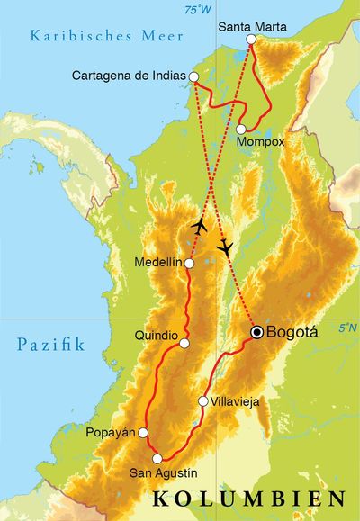 Routenverlauf Rundreise Kolumbien, 21 Tage Routenverlauf Rundreise Kolumbien, 21 Tage