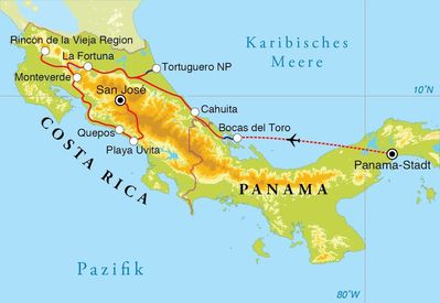 Routenverlauf Rundreise Costa Rica & Panama, 22 Tage Routenverlauf Rundreise Costa Rica & Panama, 22 Tage