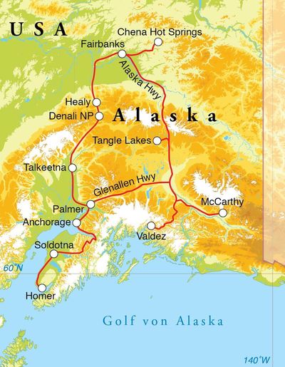 Routenverlauf Rundreise Alaska, 21 Tage Routenverlauf Rundreise Alaska, 21 Tage
