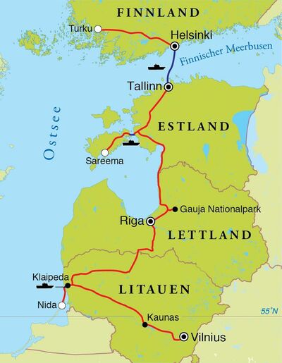 Routenverlauf Rundreise Baltikum & Finnland, 15 Tage Routenverlauf Rundreise Baltikum & Finnland, 15 Tage
