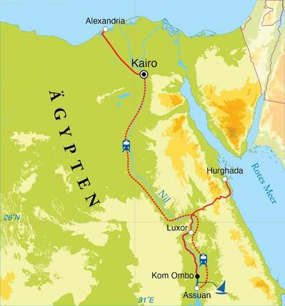 Routenverlauf Rundreise Ägypten, 20 Tage Routenverlauf Rundreise Ägypten, 20 Tage