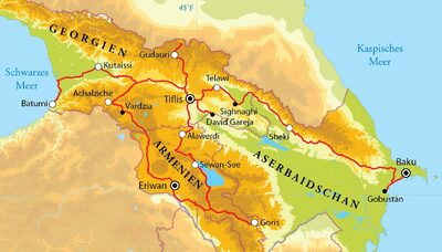 Routekaart Rundreise Aserbaidschan, Georgien & Armenien, 21 Tage