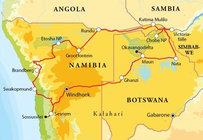 Routekaart Rundreise Namibia, Botswana & Victoriafälle, 21 Tage Zeltsafari oder Hotel- & Lodgesafari