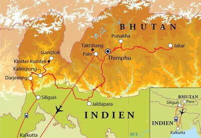 Routekaart Rundreise Bhutan & Sikkim, 20 Tage 