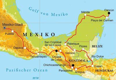 Routekaart Rundreise Mexiko & Guatemala mit Honduras, 24 Tage