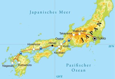 Routekaart Rundreise Japan, 22 Tage