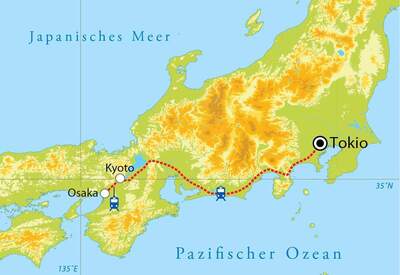 Routekaart Rundreise Japan, 11 Tage