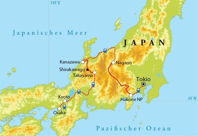 Routekaart Winterreise Japan, 16 Tage
