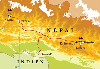 Routekaart Rundreise Nepal mit Trekking, 20 Tage