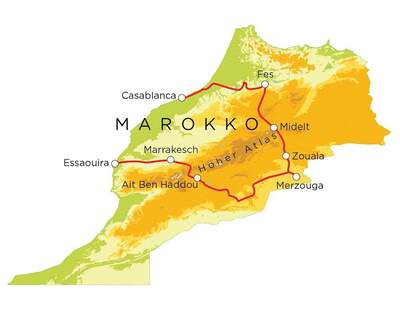 Routekaart Familienreise Marokko, 15 Tage Routekaart Familienreise Marokko, 15 Tage