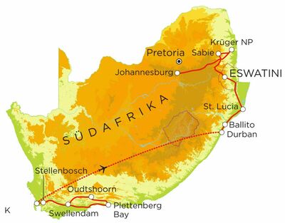 Routekaart Familienreise Südafrika mit Krüger Nationalpark & Eswatini, 21 Tage