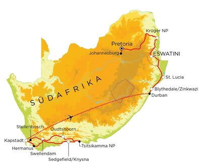 Routekaart Familienreise Südafrika mit Krüger Nationalpark & Eswatini, 21 Tage