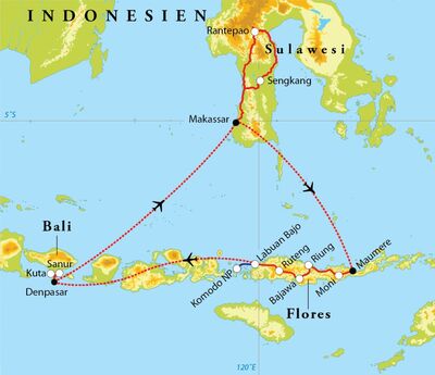 Routekaart Rundreise Indonesien: Sulawesi, Flores, Komodo NP & Bali, 22 Tage 