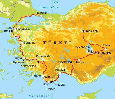 Routekaart Rundreise Türkei, 16 Tage