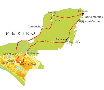 Routekaart Familienreise Mexiko, 19 Tage Routekaart Familienreise Mexiko, 19 Tage