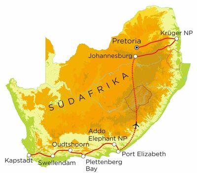 Routekaart Familienreise Südafrika mit Krüger Nationalpark, 15 Tage Routekaart Familienreise Südafrika mit Krüger Nationalpark, 15 Tage