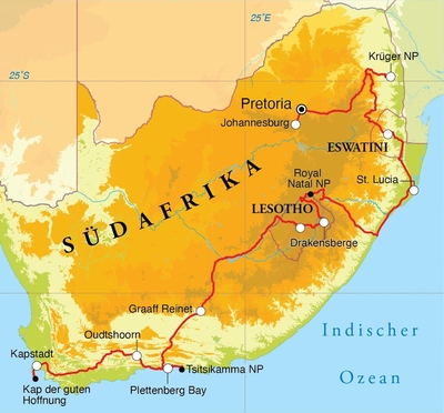 Routekaart Rundreise Südafrika, Lesotho & Eswatini (Swasiland), 22 Tage Routekaart Rundreise Südafrika, Lesotho & Eswatini (Swasiland), 22 Tage