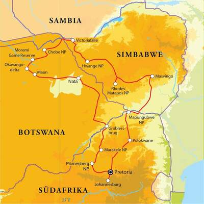 Routekaart Südafrika, Botswana & Simbabwe, 21 Tage Zeltsafari oder Hotel- & Lodgesafari