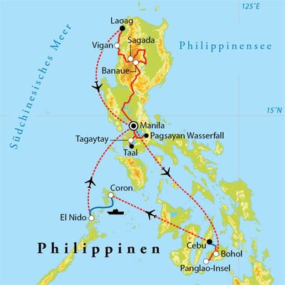 Routekaart Rundreise Philippinen, 23 Tage
