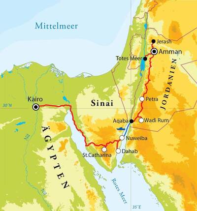 Routekaart Rundreise Ägypten & Jordanien, 15 Tage